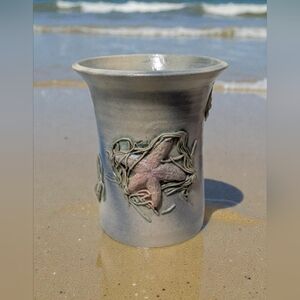 Coastal Charm: Hand-Sculpted Starfish & Seaweed Art Pottery Vase